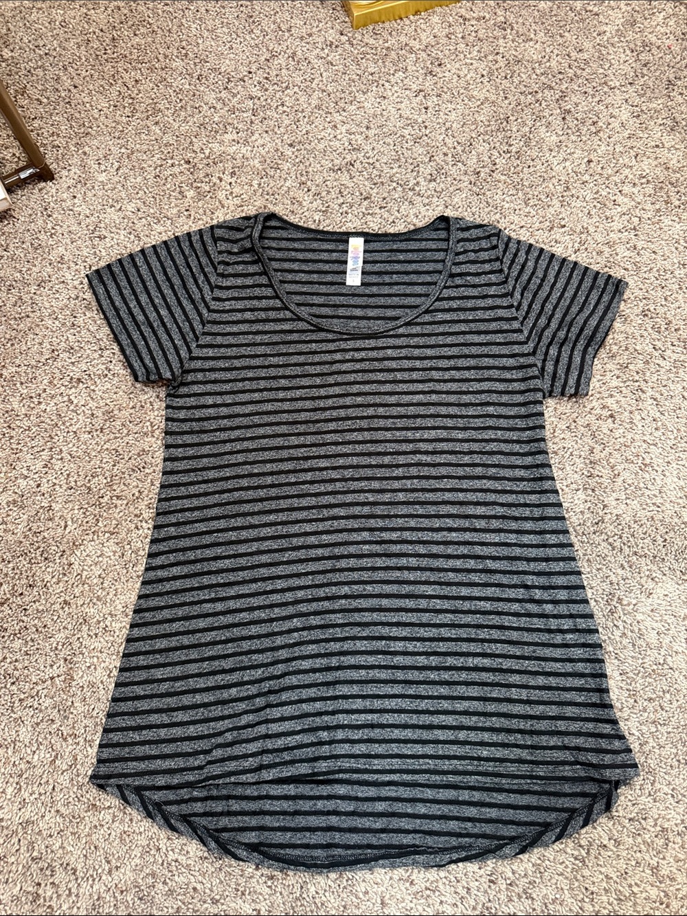 LuLaRoe Black and Gray Striped Short Sleeve Scoop Neck Top